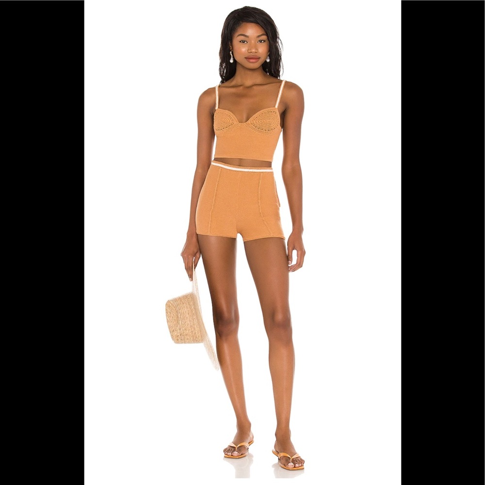 Camila Coelho Tan Knit Crop Top with Contrast Trim